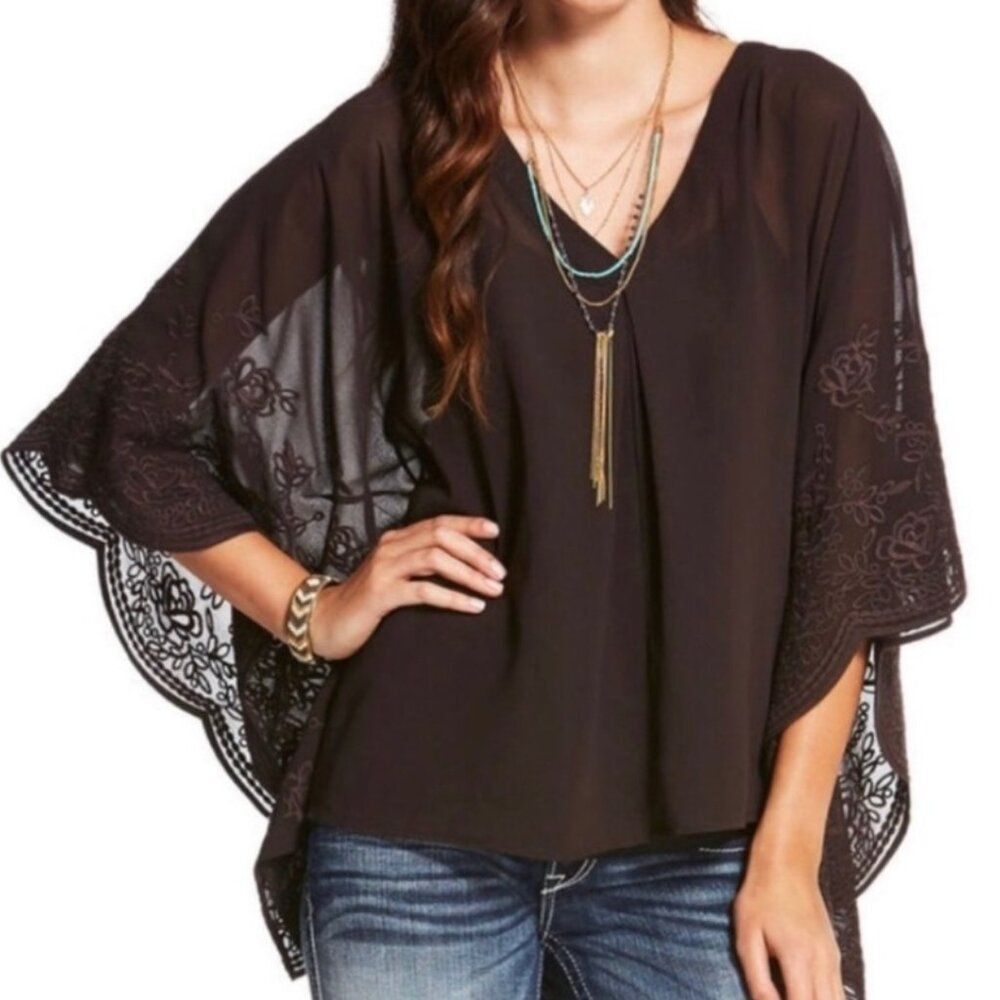 Ariat Clara Ganache Brown Sheer Embroidered Flowy Blouse Size XS Western